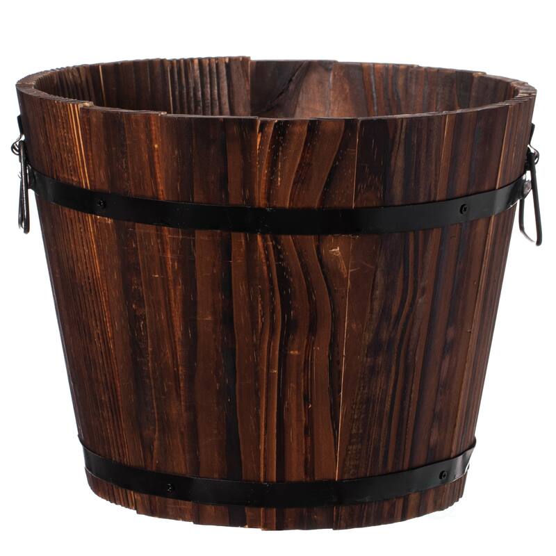 Rustic Wooden Whiskey Barrel Planter with Durable Medal Handles and Drainage Holes - Perfect for Indoor and Outdoor - small