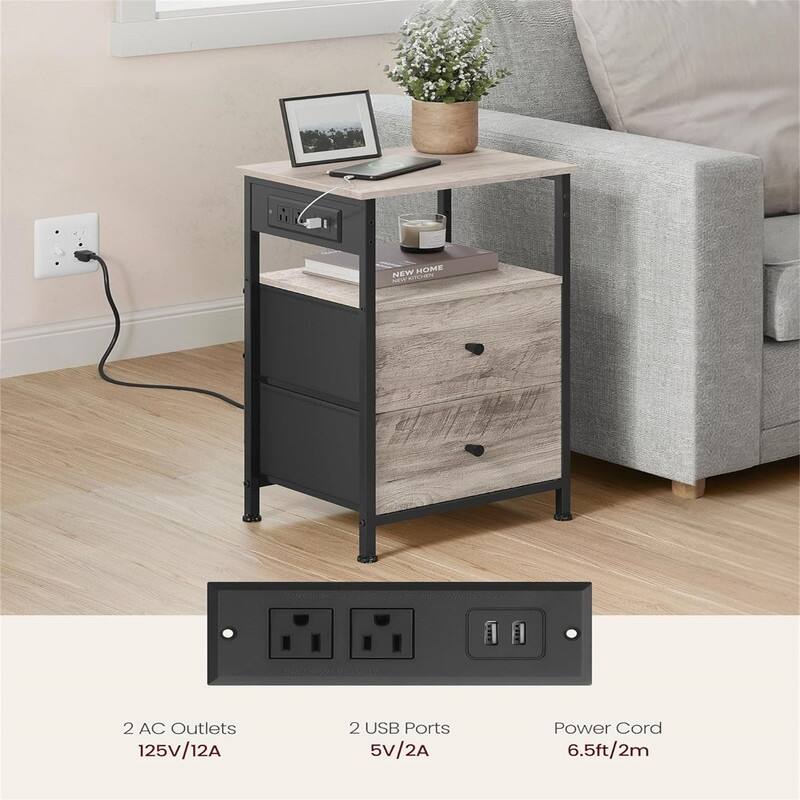 Nightstand with Charging Station Night Stand Side Table with 2 Drawers and 1 Open Shelf