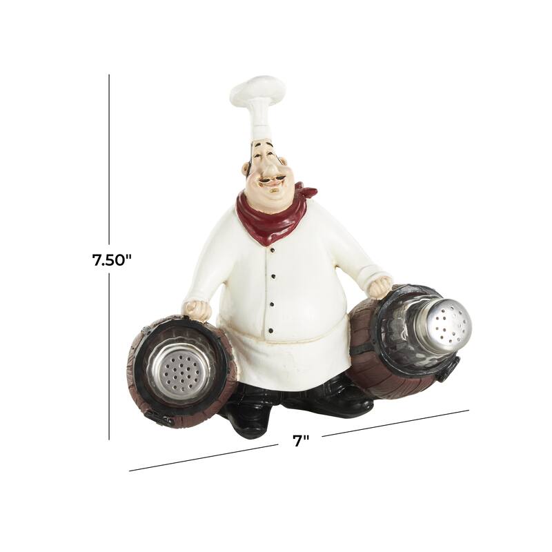 Polystone Chef Figurine Salt and Pepper Shaker Holder with Wood Barrel Accents - White - Roche River Decor