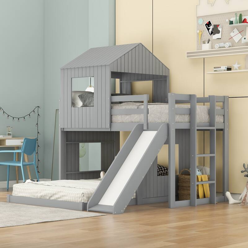 Twin Over Twin Loft Bunk Bed Playhouse Bedframe with Slide and Roof - Gray - Full