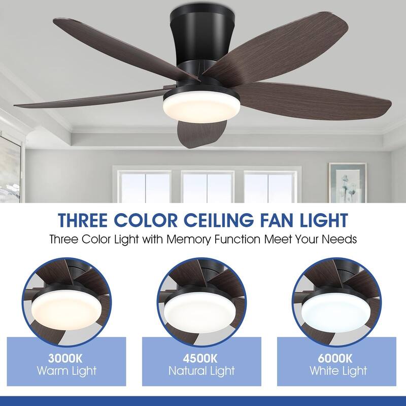 36 Low Profile Ceiling Fan with ABS Blades 3 Color LED Flush Mount for Bedroom Living Room APP and Remote Control - N/A