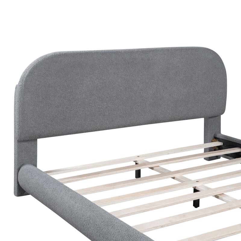 Curved Design Teddy Fleece Upholstered Platform Bed Frame, Queen, Grey