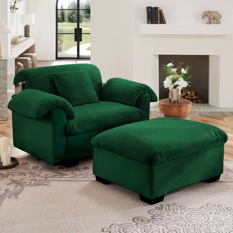 Velvet Deep Seat Storage Sofa Chair with Fluffy Armrest Pillows & Backrest