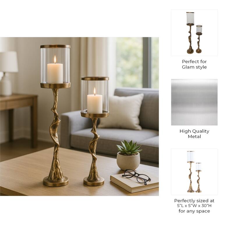 Candle Holders Set of 2 - Silver Metal Pillar, 30/21" - 30.0"