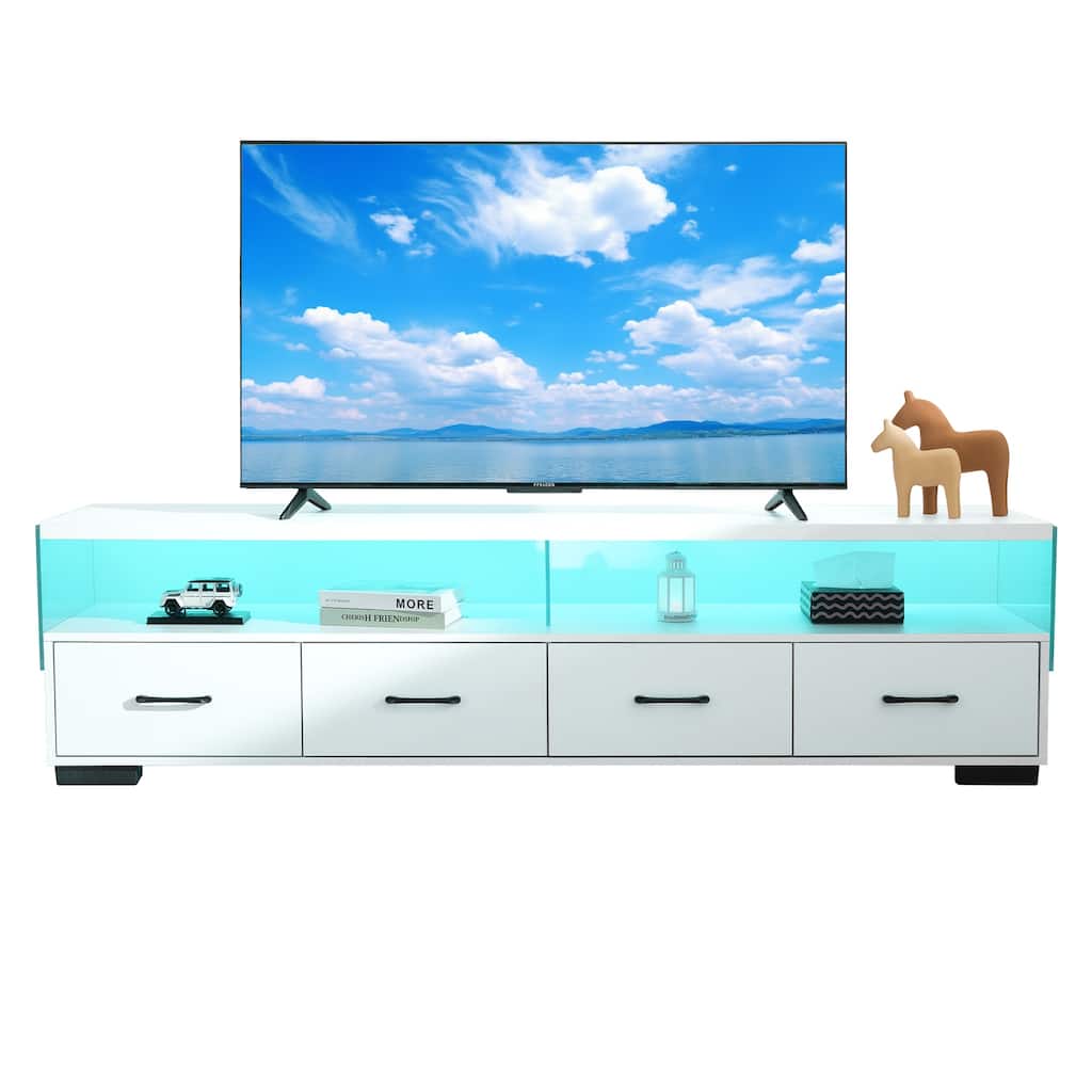 Modern TV Stand Entertainment Center for TVs up to 80" with 4-Drawer and 2 Open Shelves, for Living Room, White