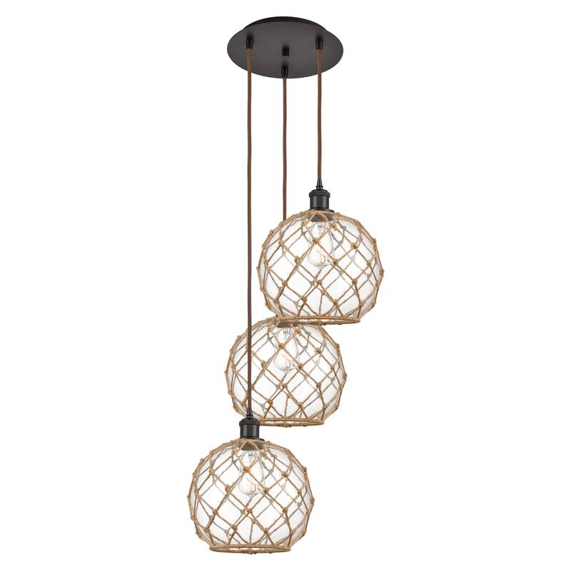 Innovations Lighting Endless Possibilities Ballston - Farmhouse Rope - 3 Light 17" Cord Hung Multi Pendant - Clear Glass with Brown Rope/Oil Rubbed Bronze