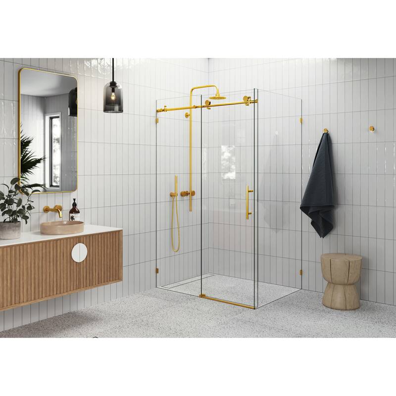 Glass Warehouse 44 in - 48 in x 34 in x 78 in Frameless Sliding Shower Door with Return Panel - Satin- Brass