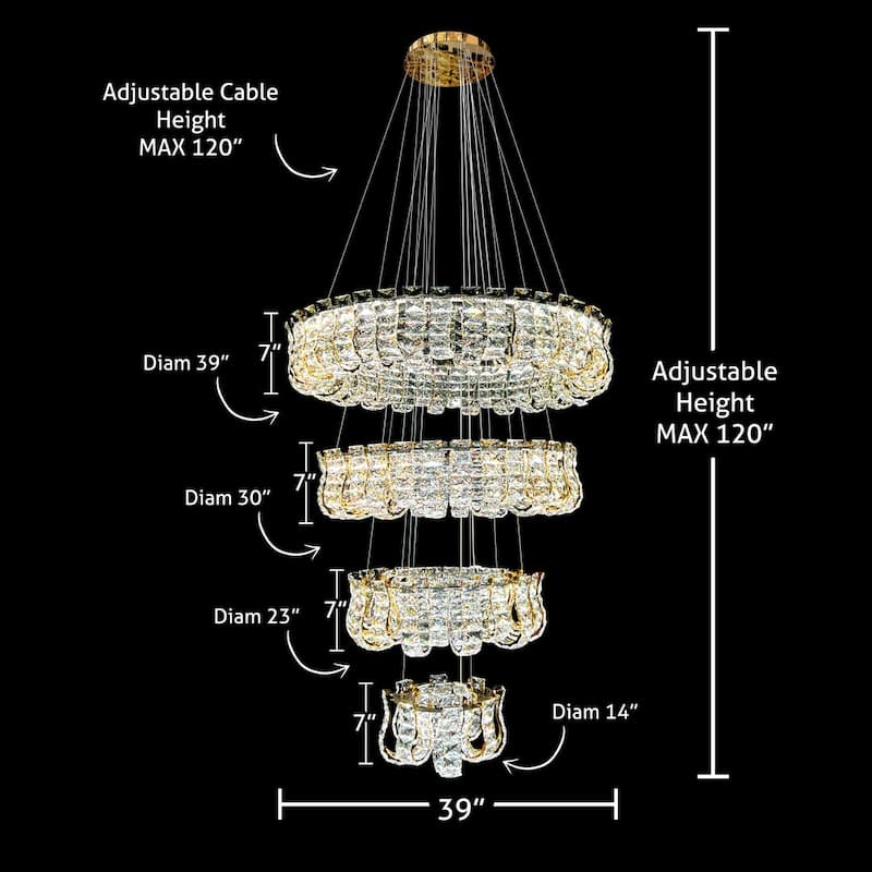 Luxury Grand Modern Gold Crystal LED Chandelier - 4 Tier Dimmable