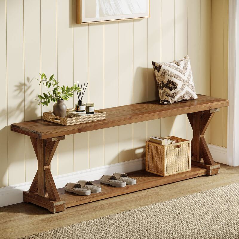 59'' Solid Wood Entryway Bench, 2-Tier Farmhouse Foyer Shoe Bench