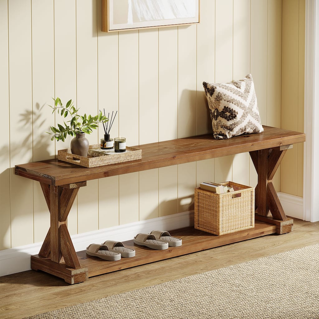 59 Inch Solid Wood Entryway Shoe Bench with Storage Shelves, Farmhouse Style - 59.06" W x 11.81" D x 17.72" H