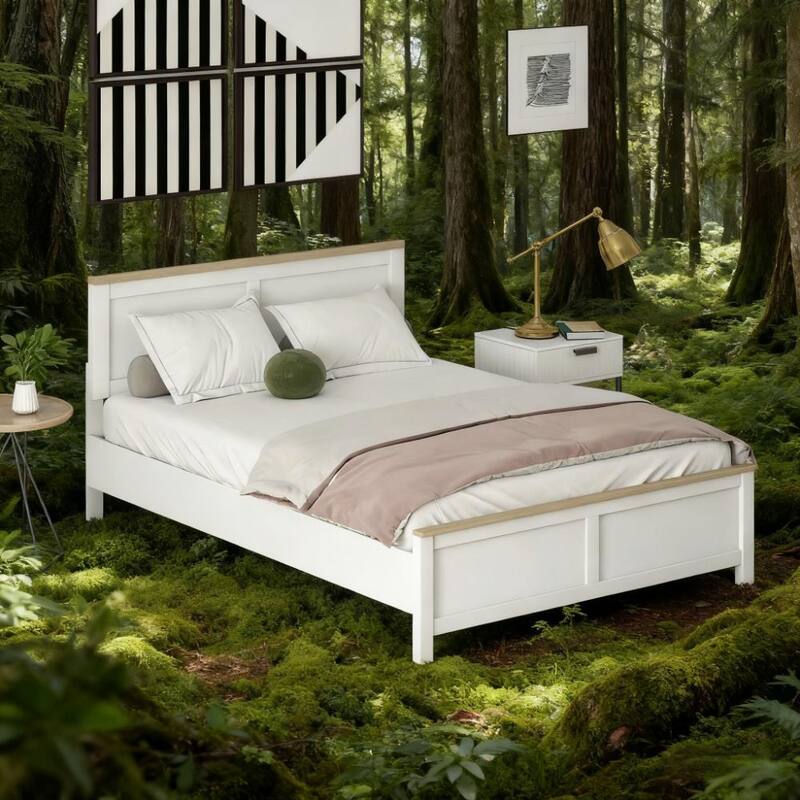 Modern White Full Bed Frame with Headboard, Minimalist Design, 660 lbs Capacity