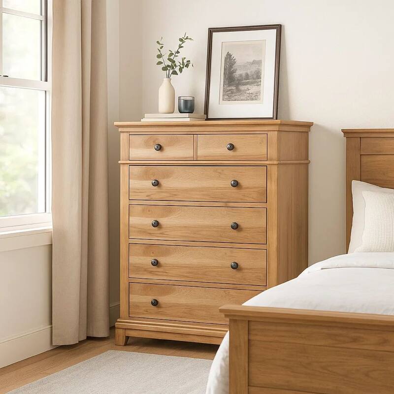 Lexa Tall Dresser Chest, 5 Drawers, Natural Oak Brown Wood, Pewter Metal