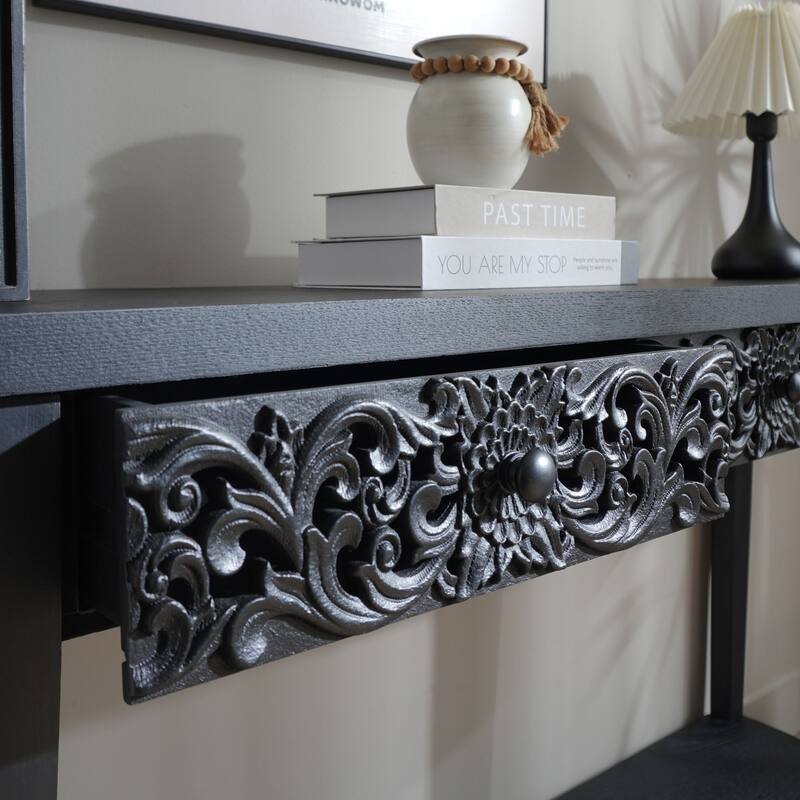 Roomfitters Carved Console Table with Lower Shelf, 59.2" Entryway Table with 2 Drawers, Engineered Wood, Black Finish