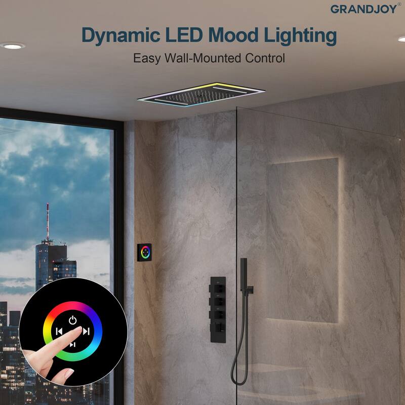 GRANDJOY Thermostatic Triple-Function LED Rain and Waterfall Shower System with Handheld and Built-In Music