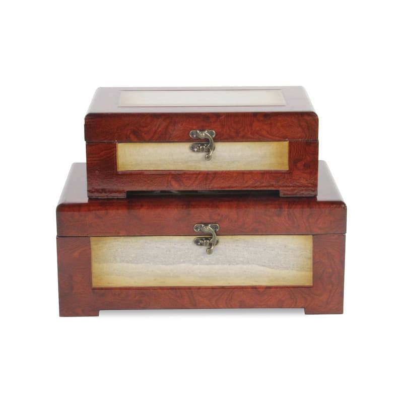 Brown Wooden Treasure Box with Marble Design (Set of 2)