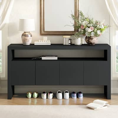 4-Door Sideboard, Modern Minimalist Solid Wood Veneer Sideboard with Open Shelf, Natural Wood Grain, for Living Room, Dining