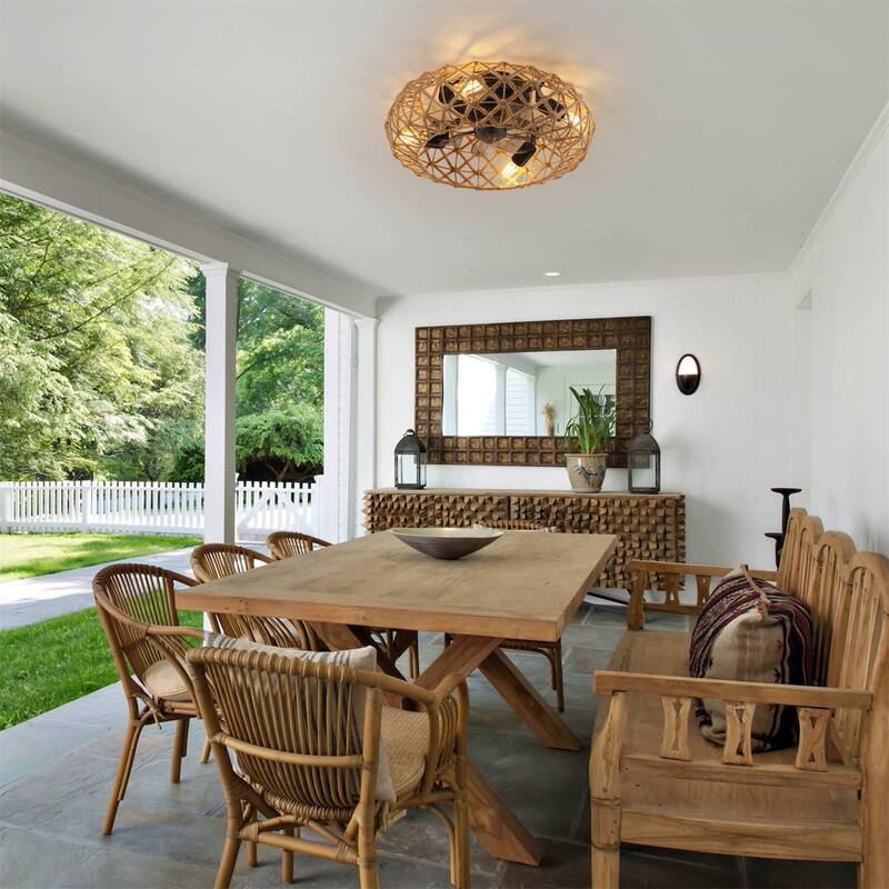Ceiling-mounted Jute Rope Fan Light Strip with 4 Bulbs and Dimmable, Reversible DC Motor