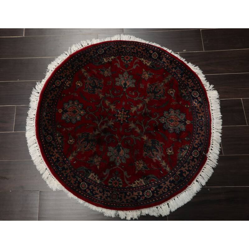 Agra Traditional Botanical 3x3 Round Hand Knotted New Zealand Wool Burgundy Rug - 3' x 3' -Round