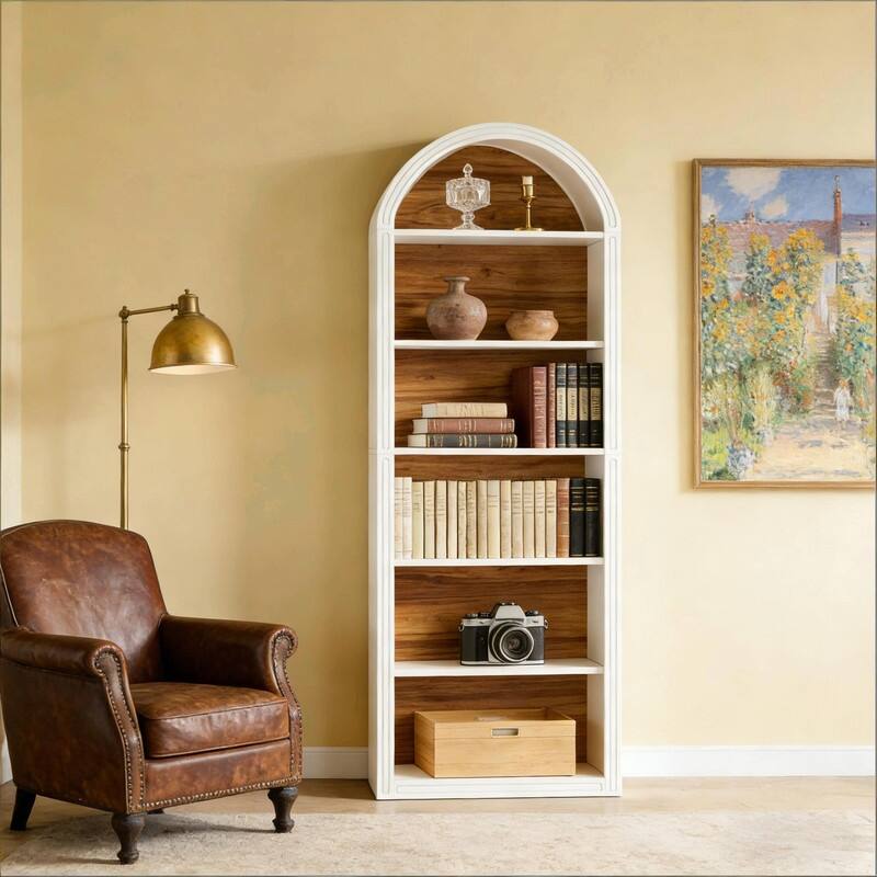 6-Tier Arched Bookshelf with Two-Tone Finish, Sturdy MDF Bookcase with Closed Back & Anti-Tip Kit