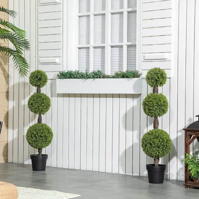 HOMCOM Set of 2 Decorative Artificial Plants, Topiary Ball-shaped Boxwood Trees in Pots, Fake Plants for Home Indoor outdoor