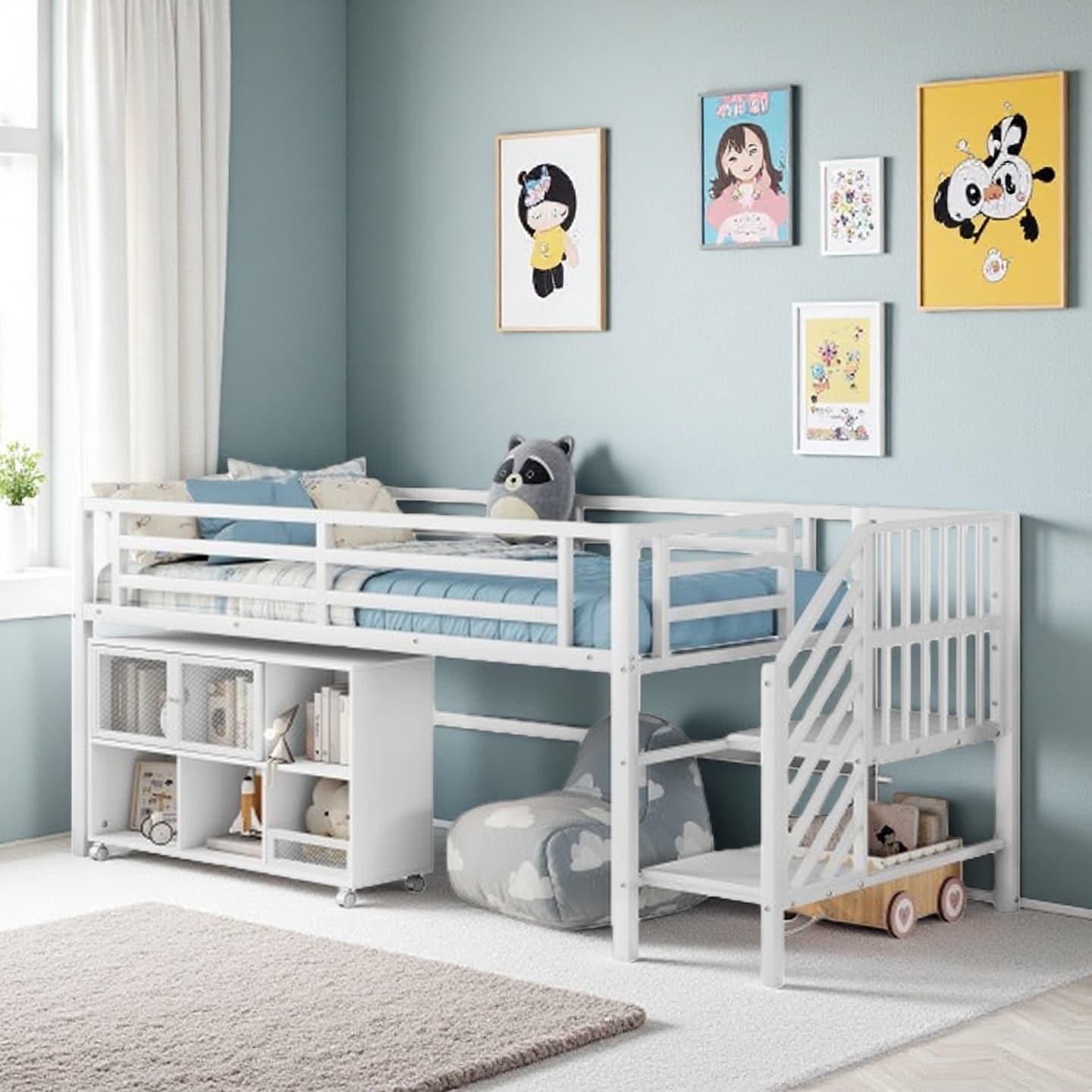 Twin Low Metal Loft Bed with Stairs and 6-Cube Rolling Storage, Space-Saving Twin Loft Bed for Kids