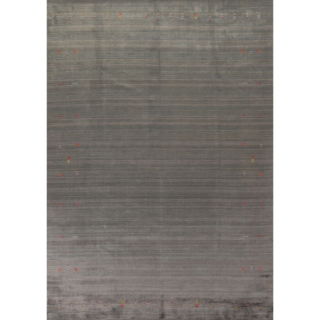 Striped Green Gabbeh Area Rug Hand-Knotted Wool Carpet - 8'10"x 11'8"