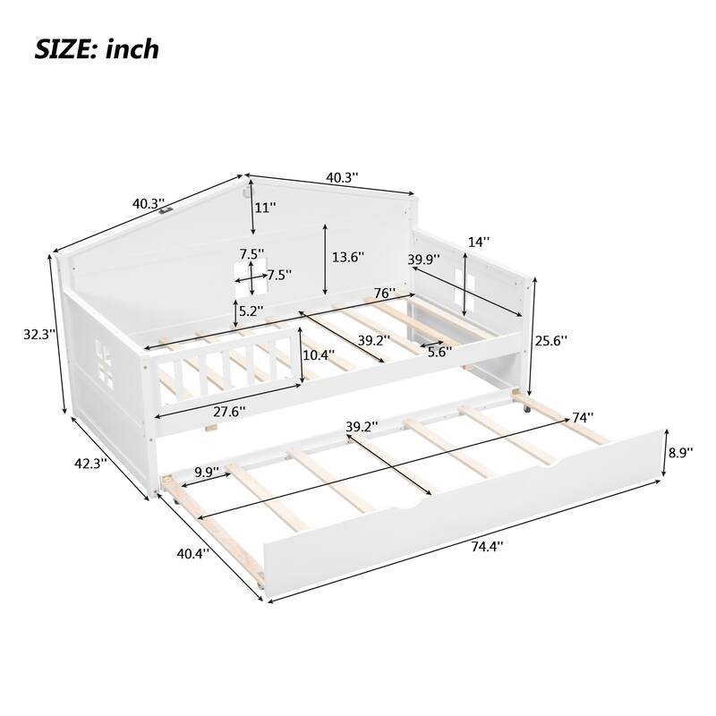 Twin size Wooden Daybed with Trundle and sensor light, Easy to assemble, suitable for bedroom