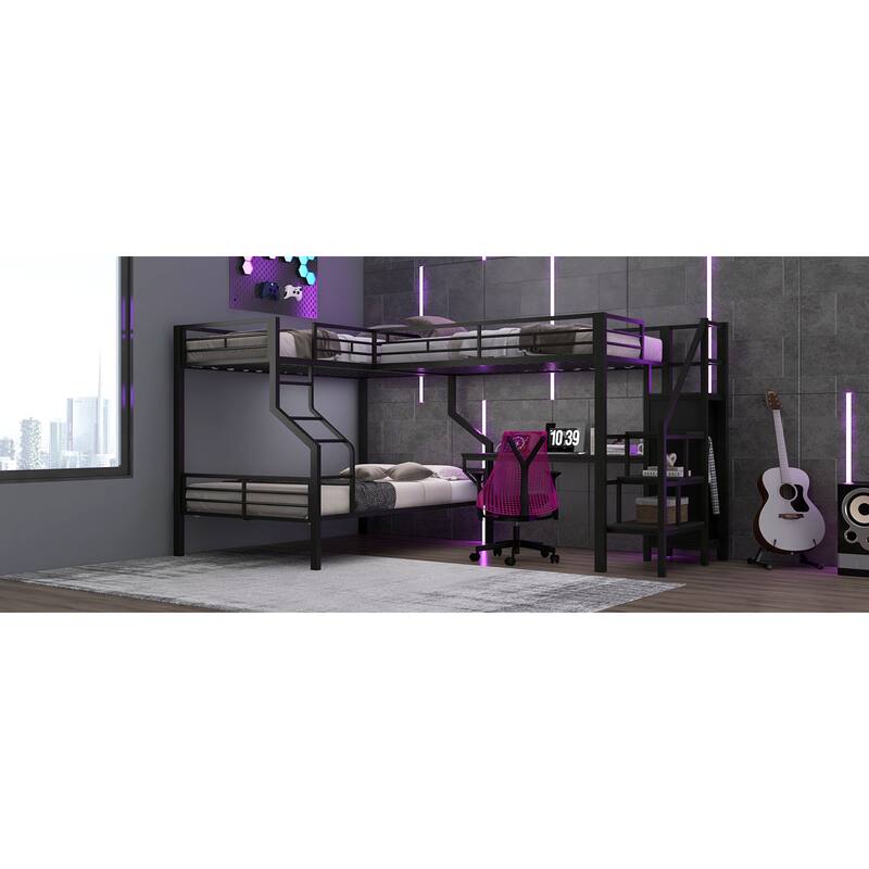 Roomfitters Twin Over Full L-Shaped Metal Bunk Bed with Integrated Desk and Storage Stairs, Heavy Duty Loft Frame, Black