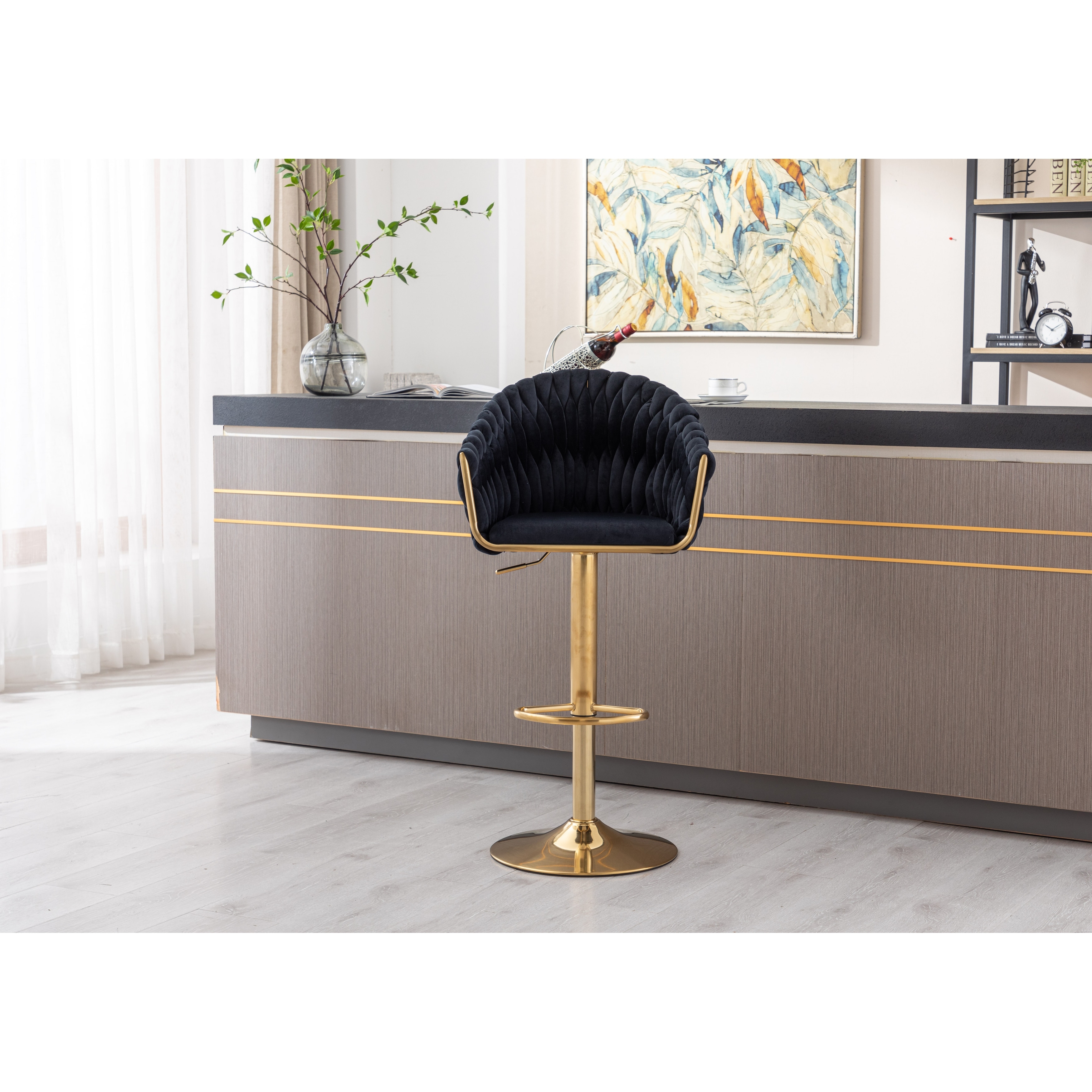 Modern Shell Back Bar Stools Adjustable Swivel Barstools with Back and Arms for Pub Kitchen Dining Room Chairs Black
