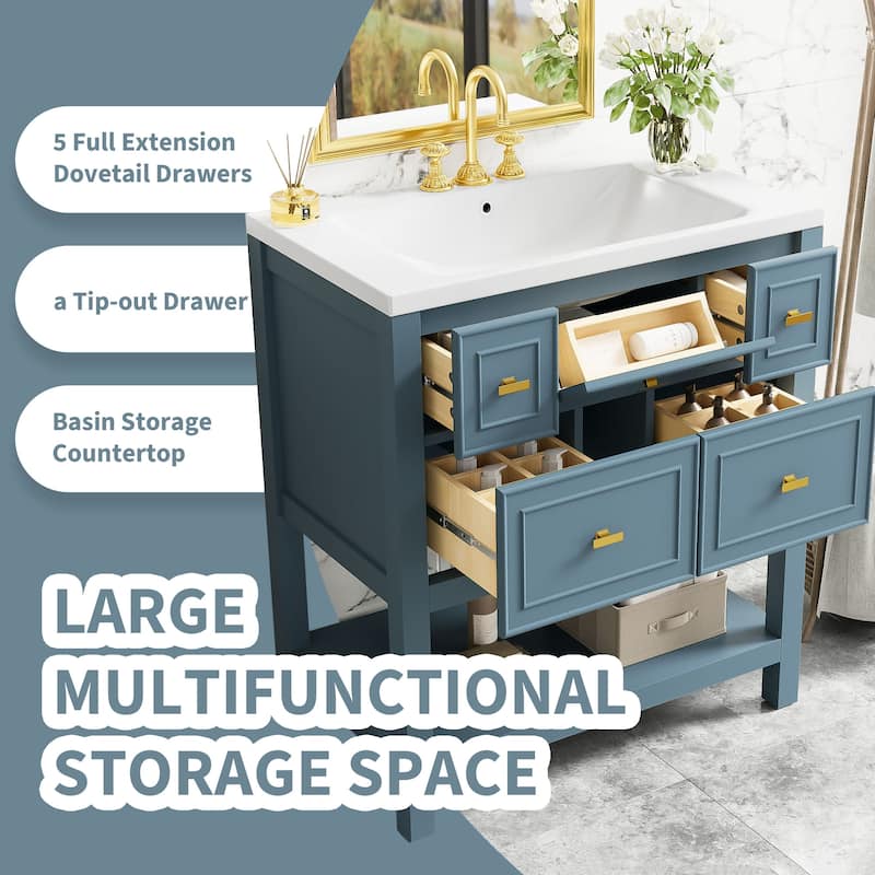 MDF Bathroom Vanity with Free Standing Single Vanity Set with 5 Drawers - 30" x 18" x 33"