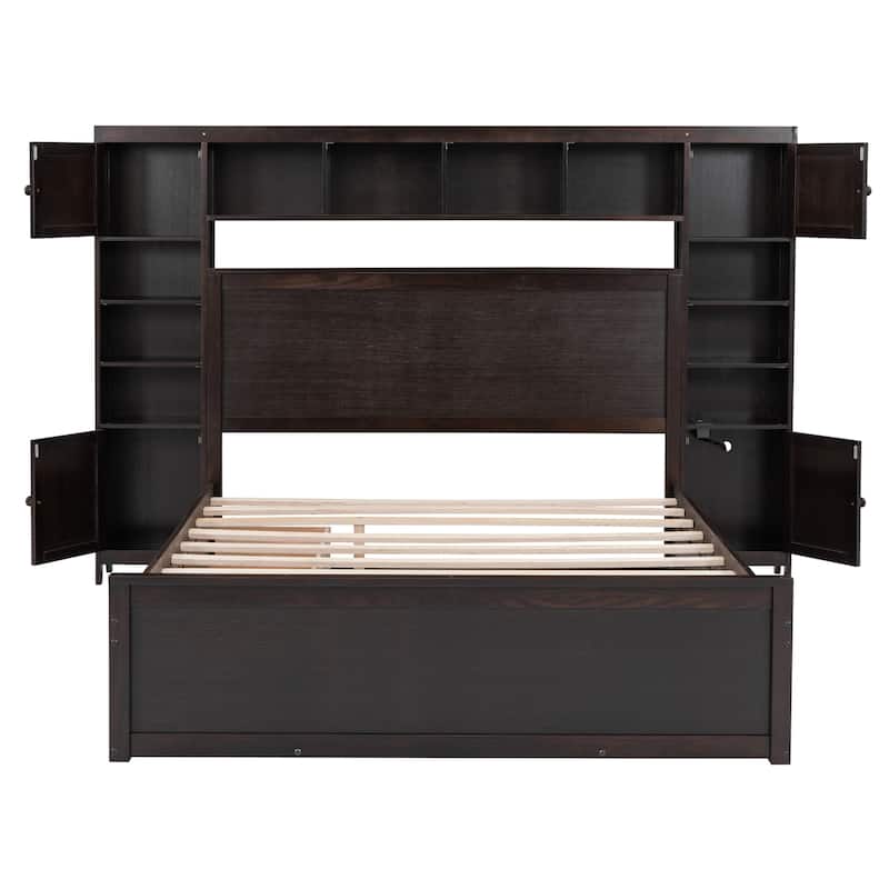 Espresso Queen Size Wooden Platform Bed with Cabinet, Shelf, and Sockets