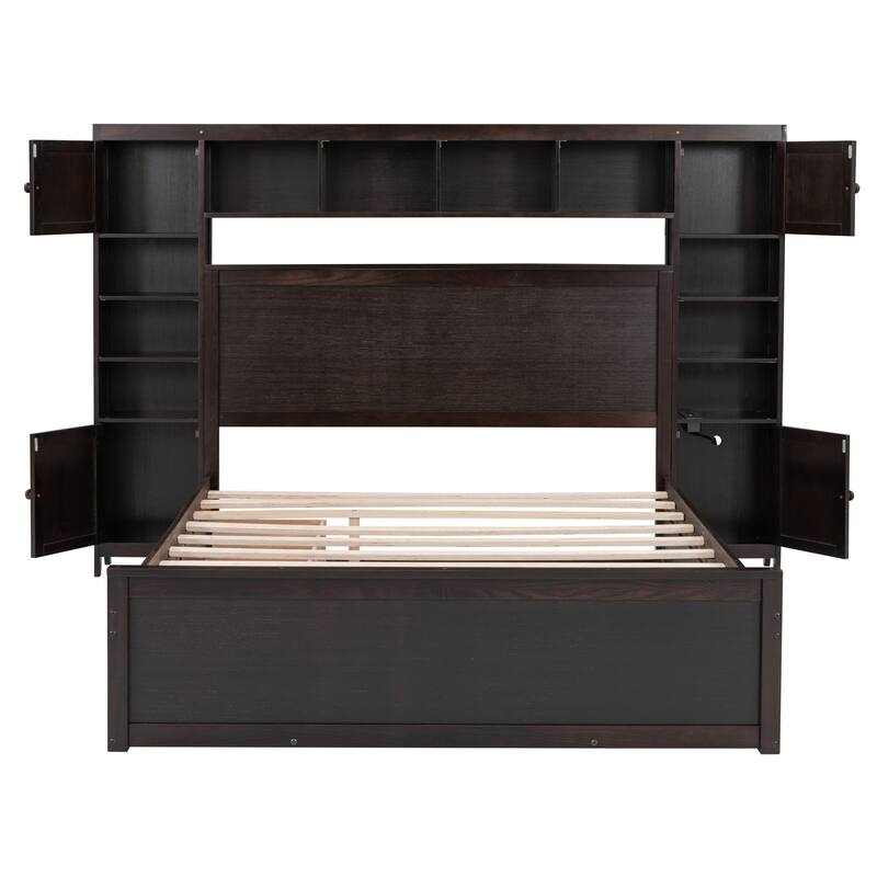 Queen Size Wooden Platform Bed with Storage, Shelves, Outlets and Trundle in Espresso