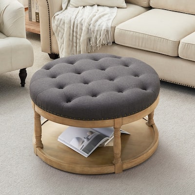 HUIMO 33in Round Upholstered Solid Wood Ottoman Coffee Table with Storage Shelf