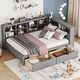 preview thumbnail 19 of 43, USB Ports on L-Shape Storage Headboard Bed Frame, Wooden DayBed Sofa Bed, Wooden Slat Platform Bed with 2 Drawers Grey - Full