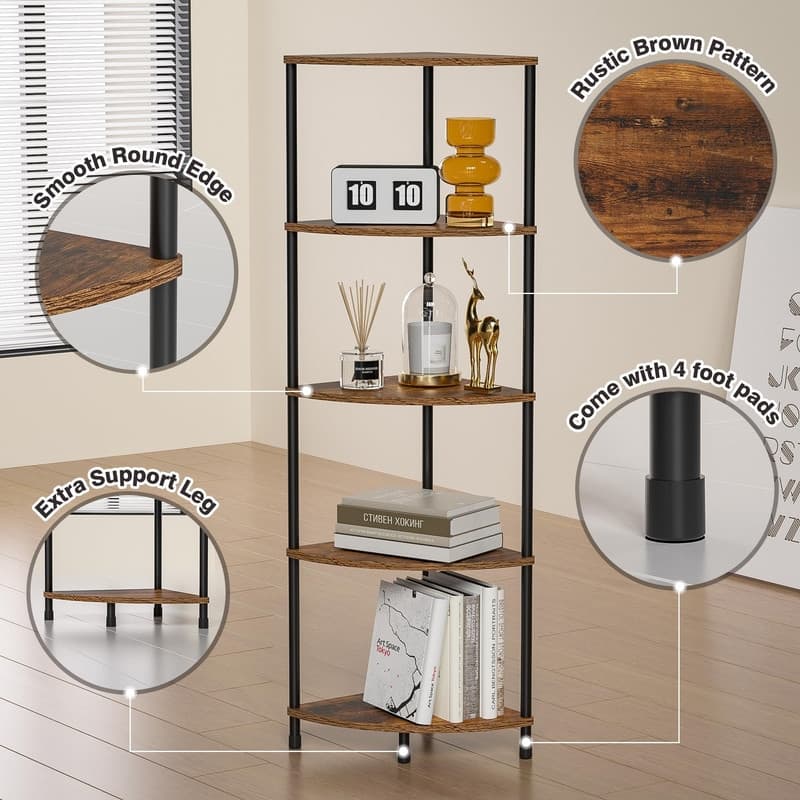 5 Tier Corner Shelf Stand - 11.4"D x 11.4"W x 44.1"H