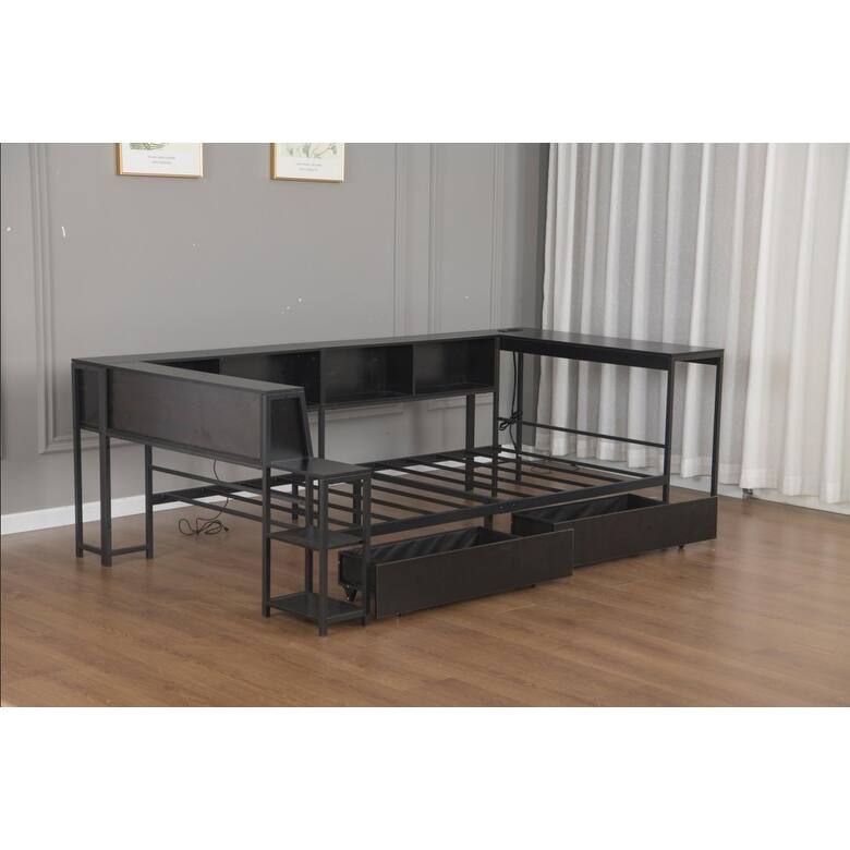Full/Twin Corner Bed Frame with Bookcase, 2 Storage Drawers, LED Light & Charging Station