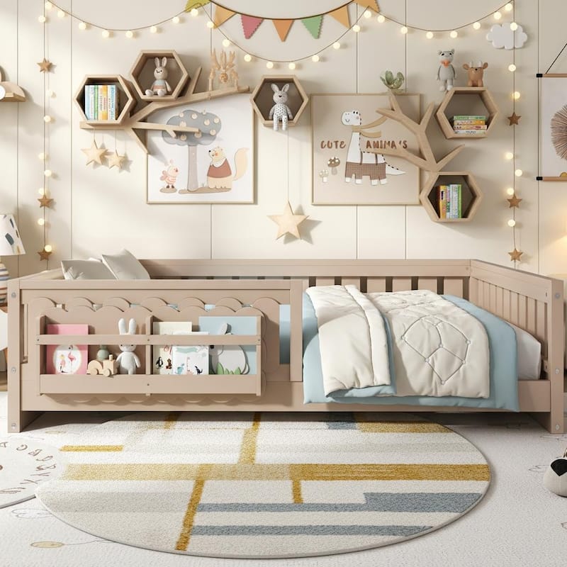Wood Platform Bed with Guardrails and Built-In Bookshelves by Harper&Bright Designs