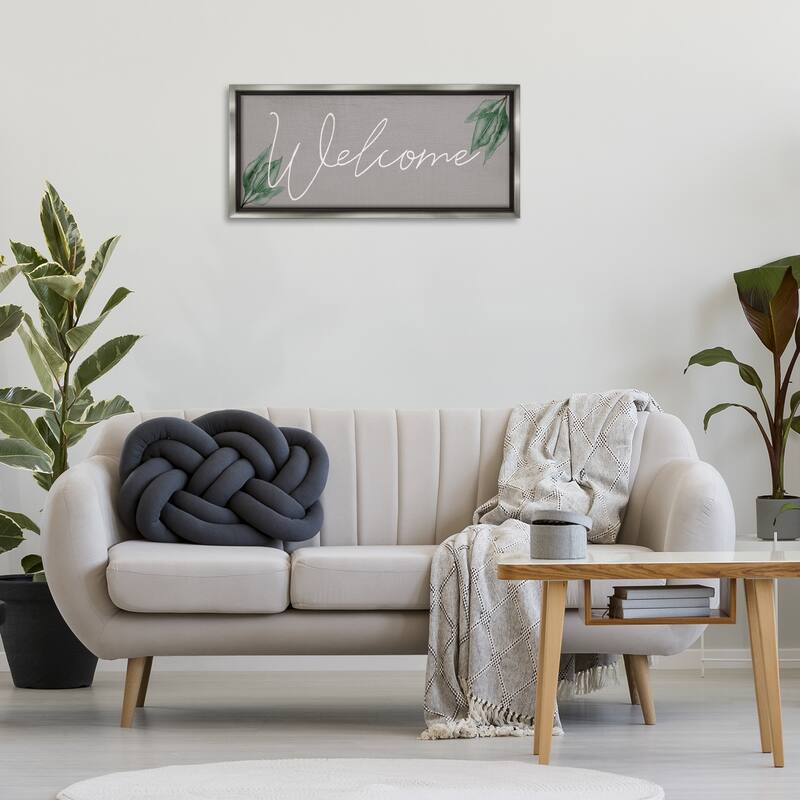 Stupell Welcome on Grey with Herbs Framed Floater Canvas Wall Art Design By Lil' Rue