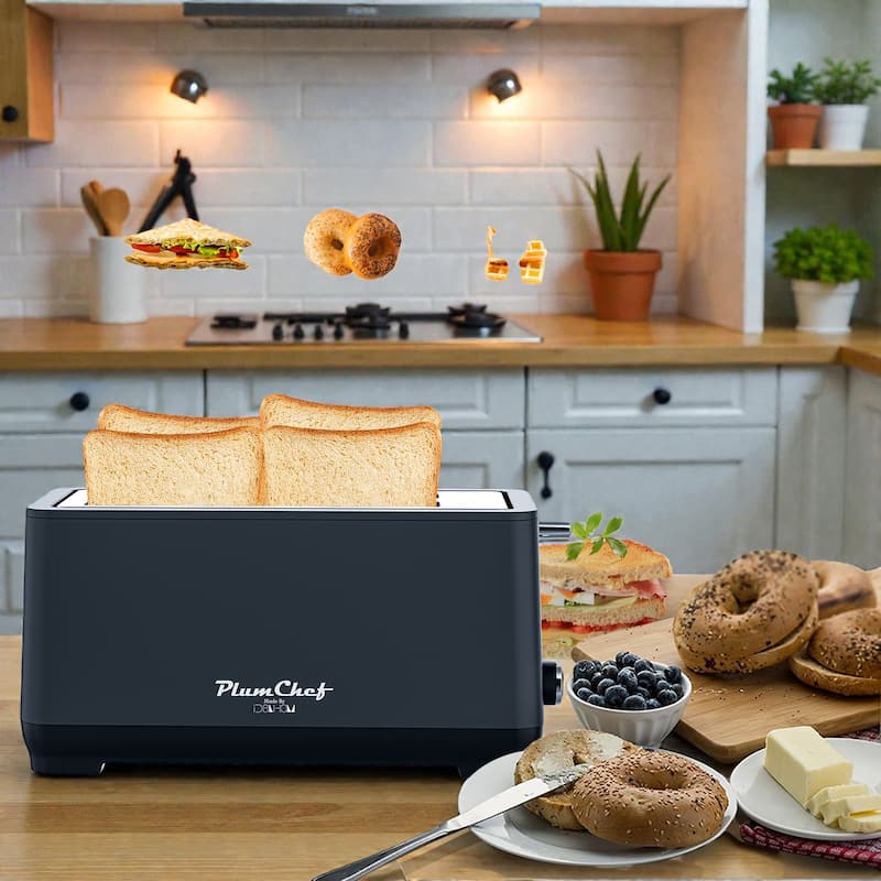 4 Slice Extra Wide Long Slot Toaster with Warming Rack, Stainless Steel 1500W, Bagel Defrost Reheat