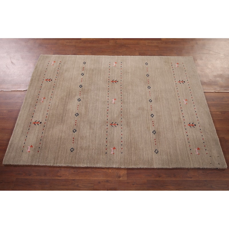Light Brown Tribal Gabbeh Indian Accent Rug Handmade Wool Carpet - 4'0"x 5'10"