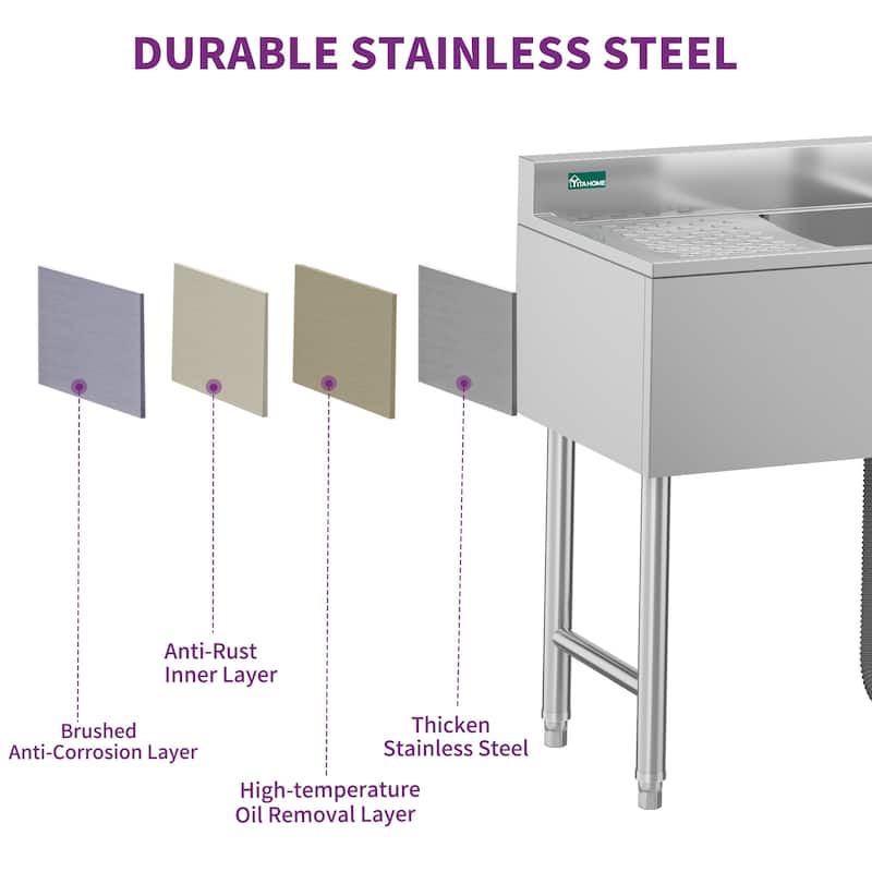 60" W x 16" D x 32" H Kitchen Sink 3 Compartment Stainless Steel Sink with Double Drainboard Commercial Freestanding Sink