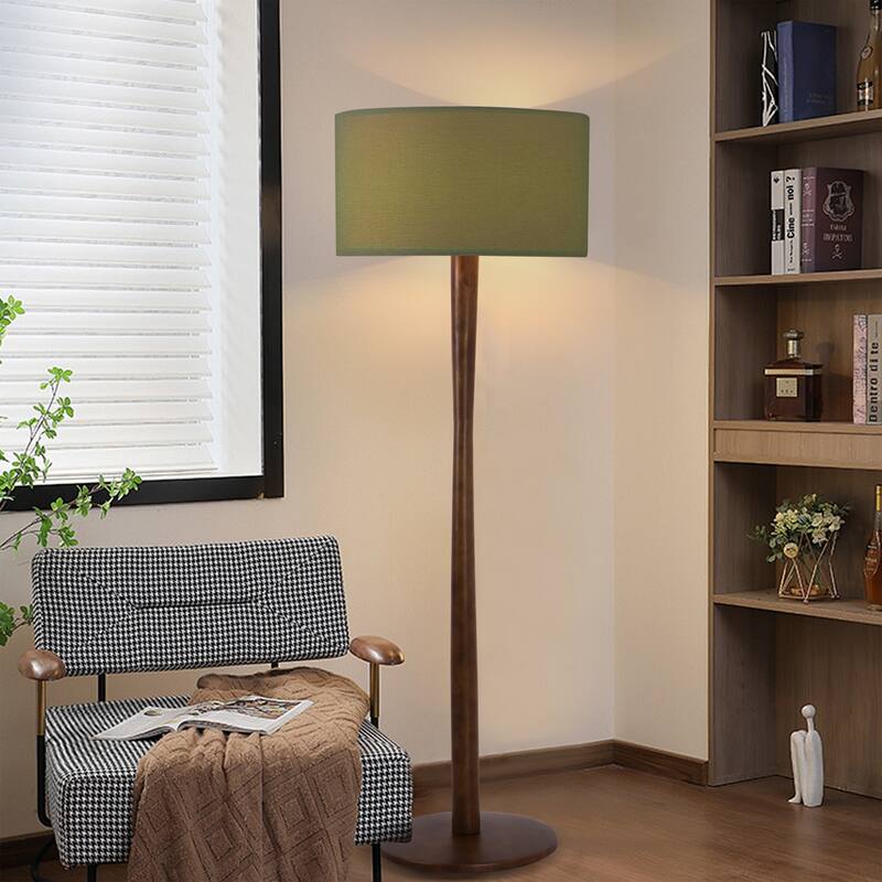 61 in. Retro Standing Floor Lamp with Rubberwood Base and Linen KD Lampshade for Bedroom, Living Room