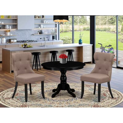 3-Piece Wire Brushed Black Solid Wood Top - Button Tufted Dining Room Set - Seats 4