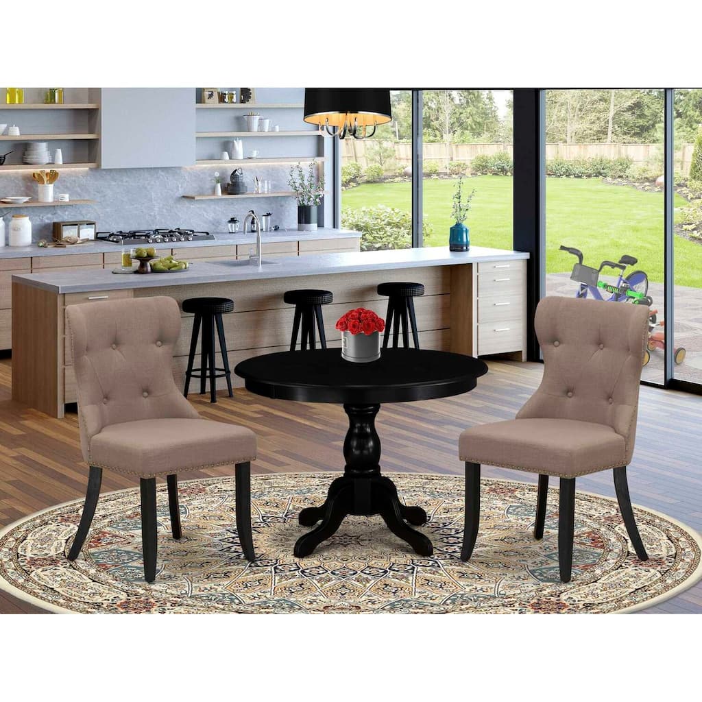 3-Piece Wire Brushed Black Solid Wood Top - Button Tufted Dining Room Set - Seats 4
