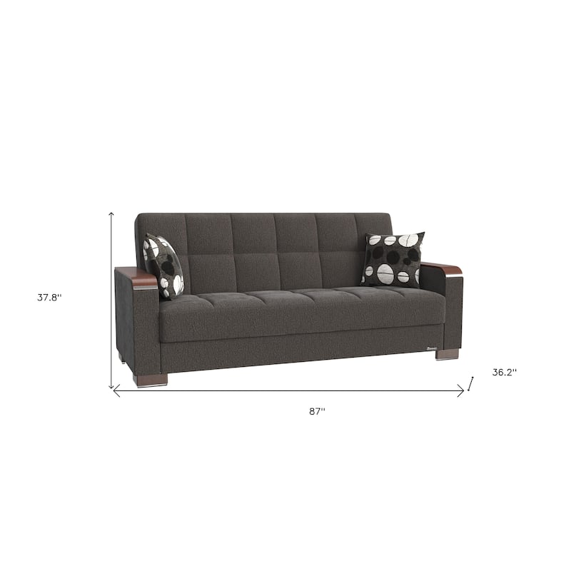 HomeRoots 87" Dark Gray Chenille Convertible Futon Sleeper Sofa With Toss Pillows And Storage