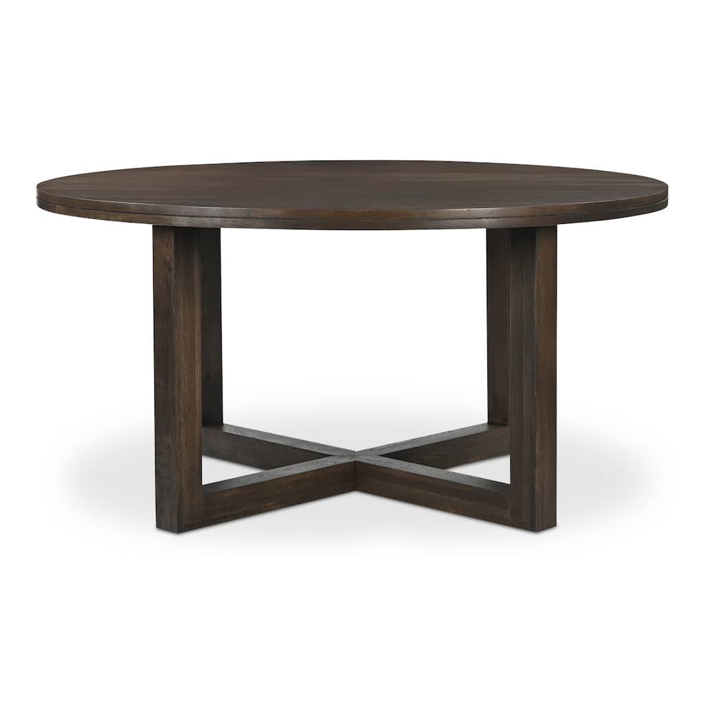 NADAAL STUDIOS Arlisse Dining Table for 6, Round Oak Wood Top, Dual-Layer Top with V-Groove Iron Crossing Base, Dark Brown