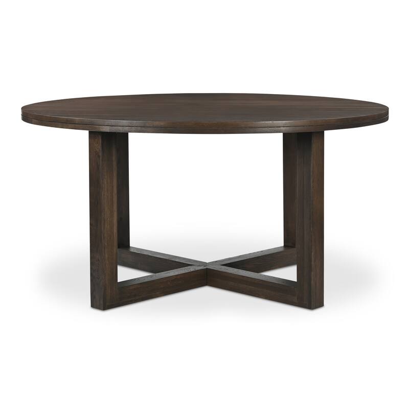 NADAAL STUDIOS Arlisse Dining Table for 6, Round Oak Wood Top, Dual-Layer Top with V-Groove Iron Crossing Base, Dark Brown - Dark Brown