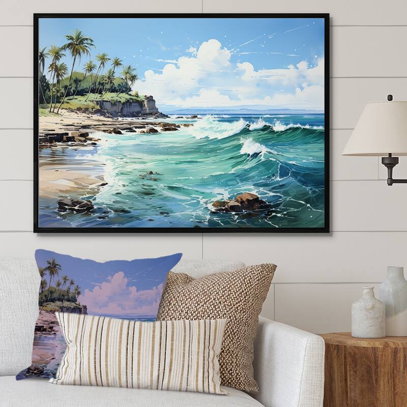 Designart "Turquoise Palm Tree Tropics Breeze" Palms & Palm Trees Framed Wall Decor - 20 in. wide x 12 in. high - Black