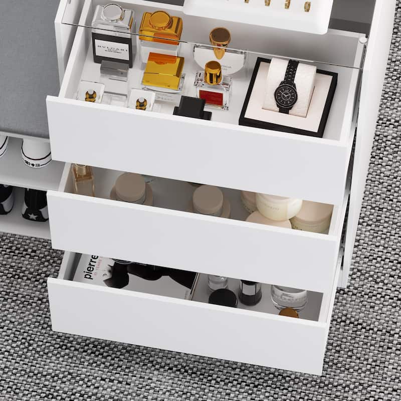 Makeup Organizer Glass Top and Cushion for Jewelry, Shoe Storage Bench