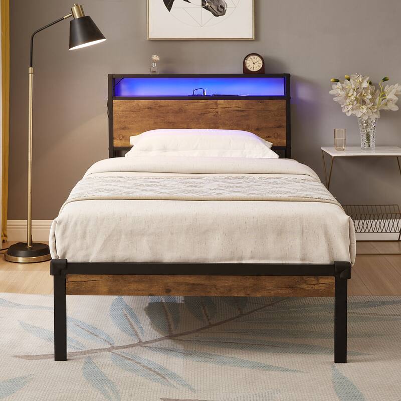 Stylish Metal Bed Frame with Wooden Headboard & Under Bed Storage